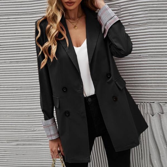 Classic Army Green Plaid Cuff Button Blazer Work - Picture 2 of 10